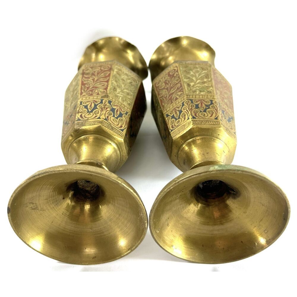 Vintage Indian Brass Enamel Vases 9.5” Pair Hand Etched Floral Boho - Picture 6 of 8